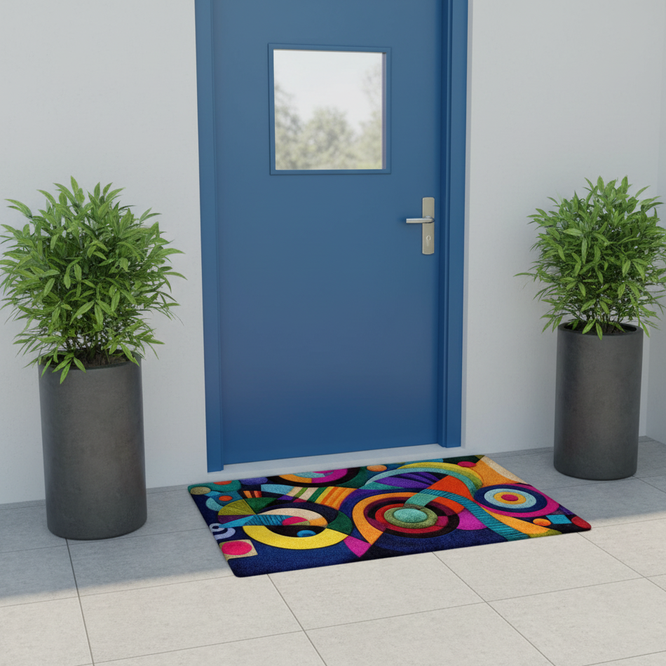 Colorful doormat in front of a blue door with two potted plants on either side.