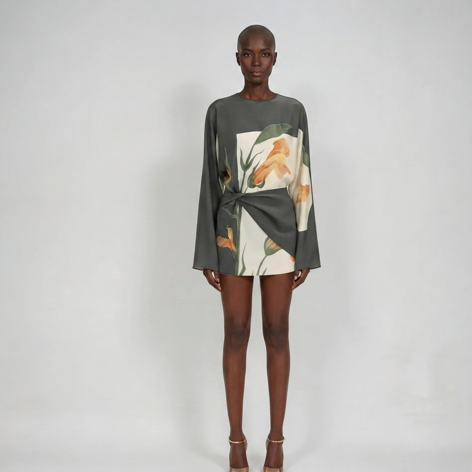 A model stands against a light gray studio background wearing a dark gray long-sleeve mini dress with a large floral print panel on the front and a twisted waist detail, paired with beige high-heeled sandals.