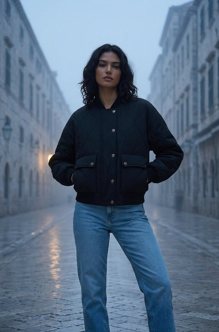 A woman stands on a cobblestone street wearing a black bomber jacket and light blue jeans, with blurred buildings in the background.