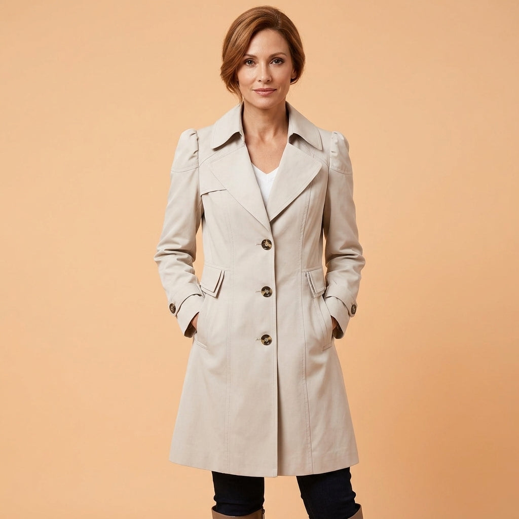A woman modeling a light beige double-breasted trench coat with structured shoulders, set against a solid peach studio background.