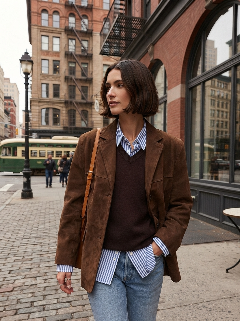 A woman stands on a city street wearing a brown suede blazer over a dark brown sweater, a blue and white striped button-down shirt, light blue jeans, and carrying a tan shoulder bag.