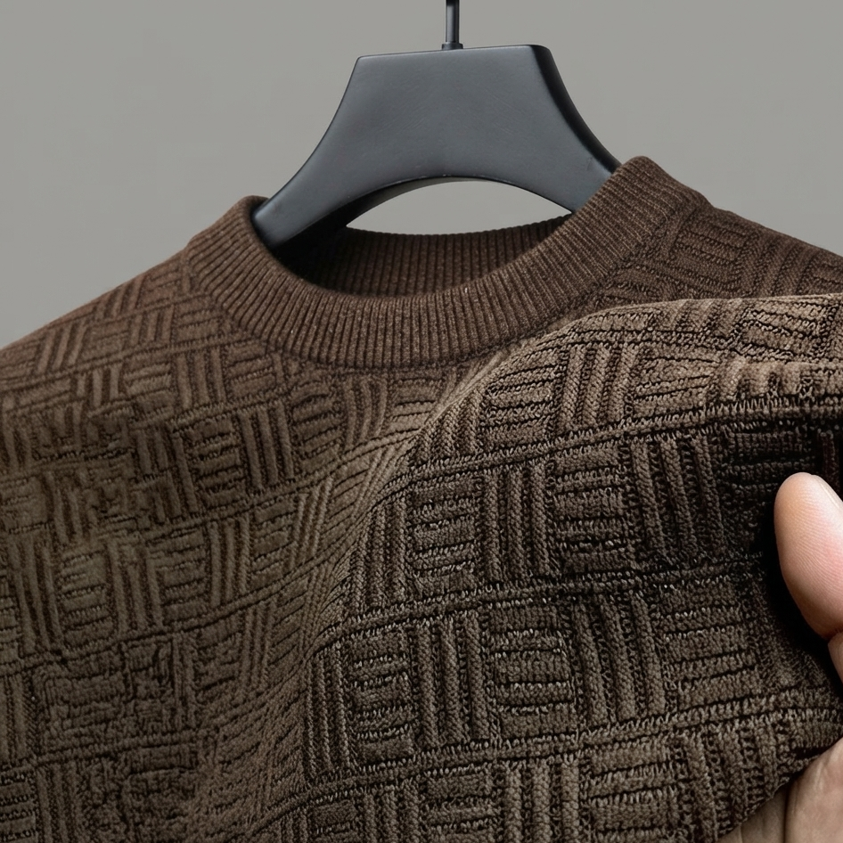A close-up of a brown textured knit sweater hanging on a black hanger, with a hand holding the sleeve to show the fabric texture against a plain gray background.