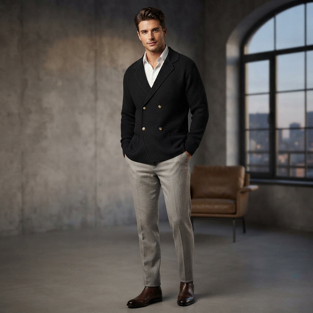 A man stands in a loft-style room wearing a black double-breasted blazer over a white shirt, light gray trousers, and brown dress shoes. A brown armchair and large arched window are visible in the background.
