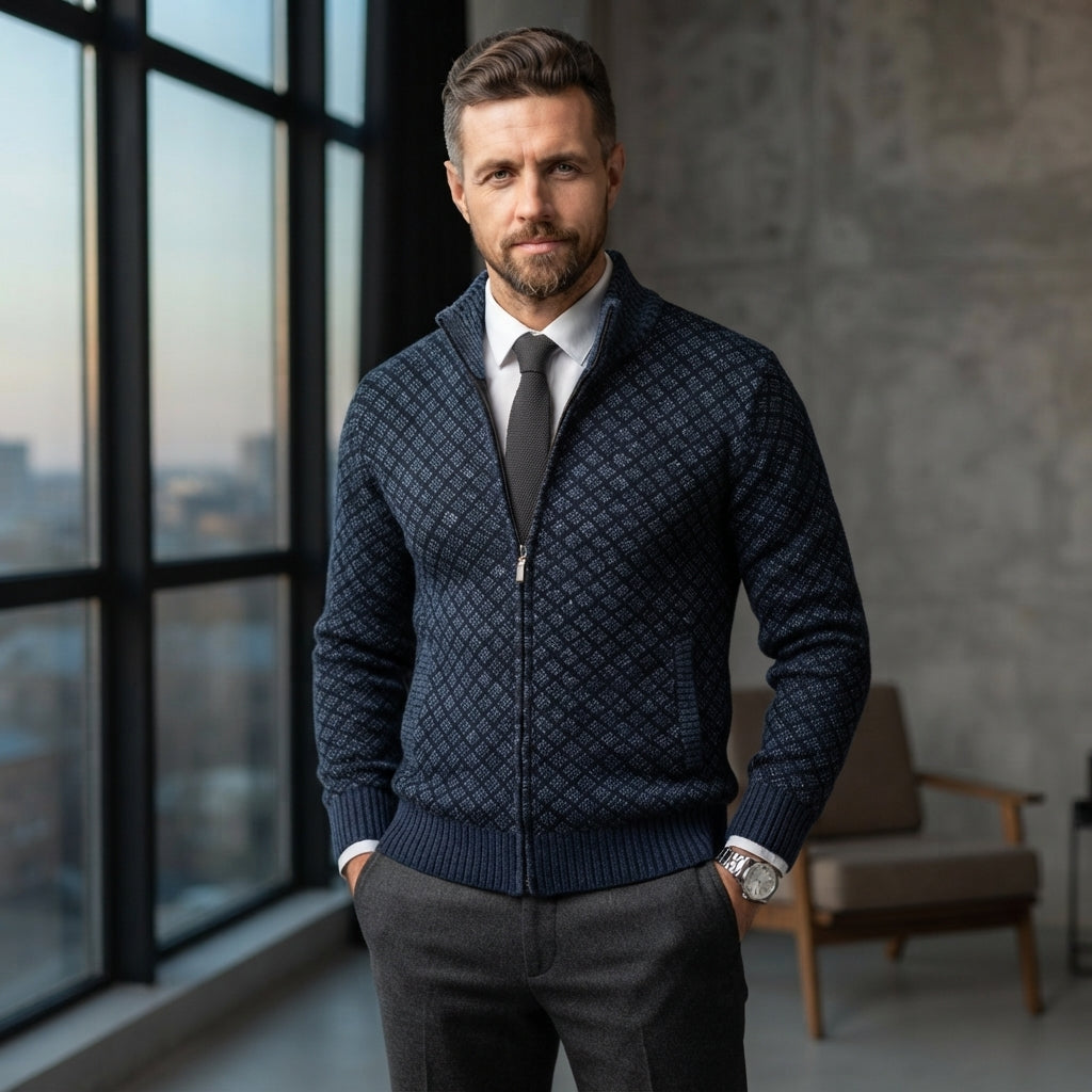 A man wearing a navy blue textured zip-up sweater over a white dress shirt and black tie, standing in a modern room with large windows and a concrete wall.