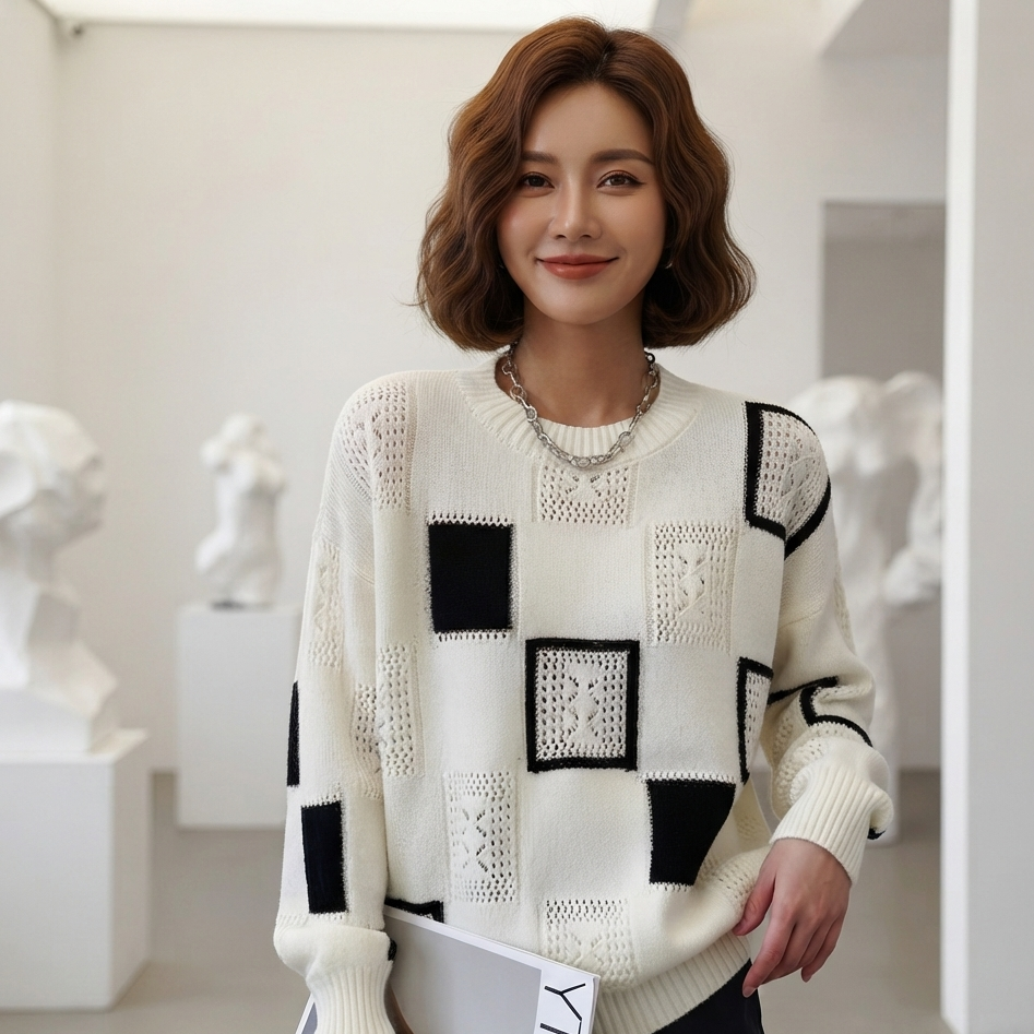 A woman wearing a cream-colored knit sweater with black geometric square patterns, standing in a bright, modern art gallery or studio setting.