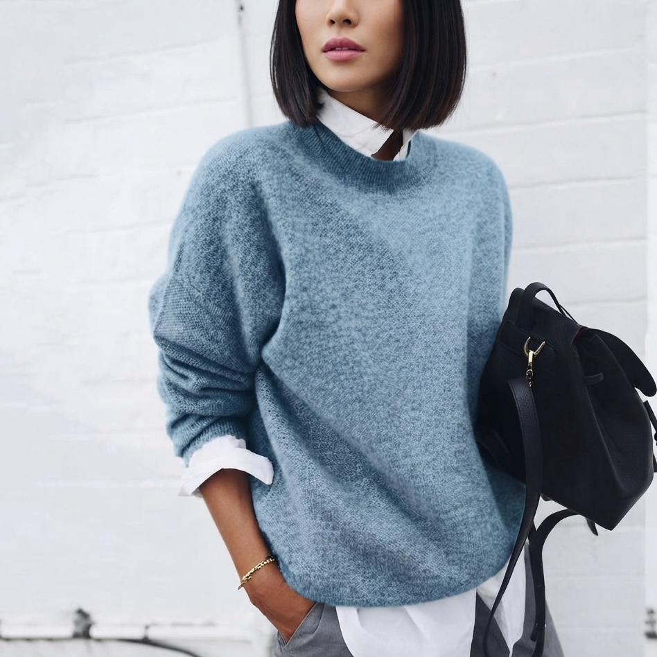 A woman wearing a heathered light blue knit sweater over a white collared shirt, paired with gray pants and carrying a black shoulder bag, standing against a white brick wall.