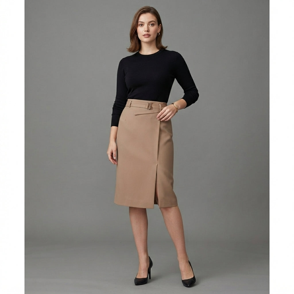 A woman modeling a beige knee-length skirt with a matching belt and a black long-sleeve top, standing against a solid gray studio background.