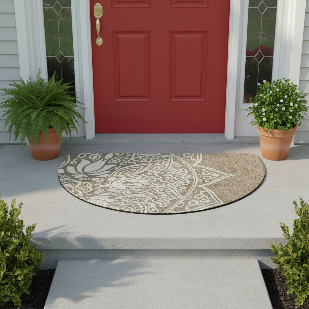 Decorative doormat with a geometric pattern on a front porch with a red door and potted plants.