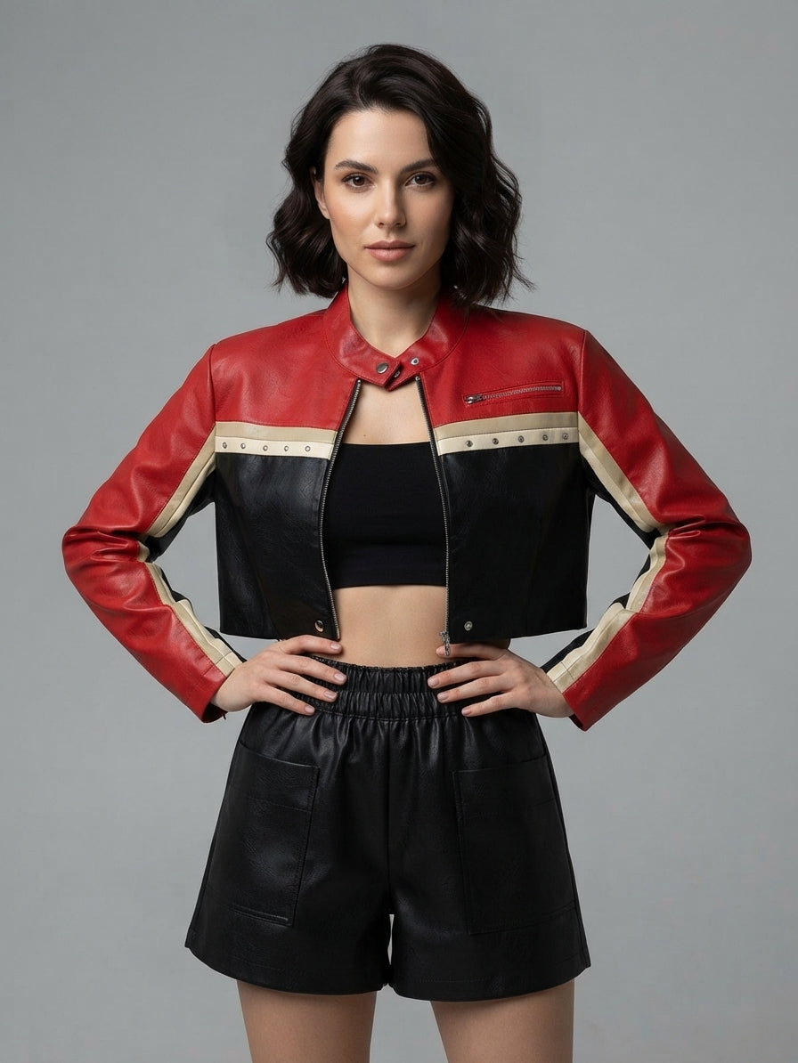 Women PU Leather Color-Blocking Waist-Exposing Biker Jacket 3