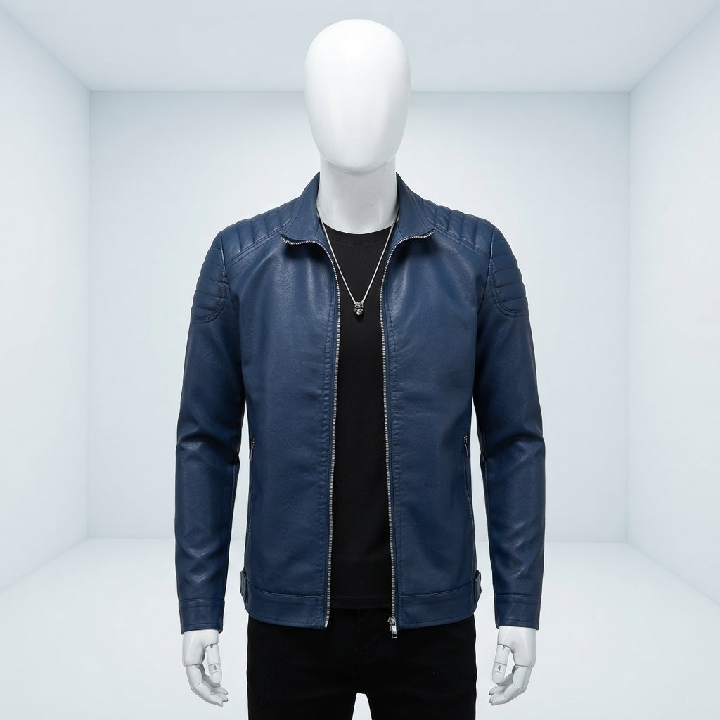 Mens PU Leather Jacket Stand Collar Slim Fit Coat 1