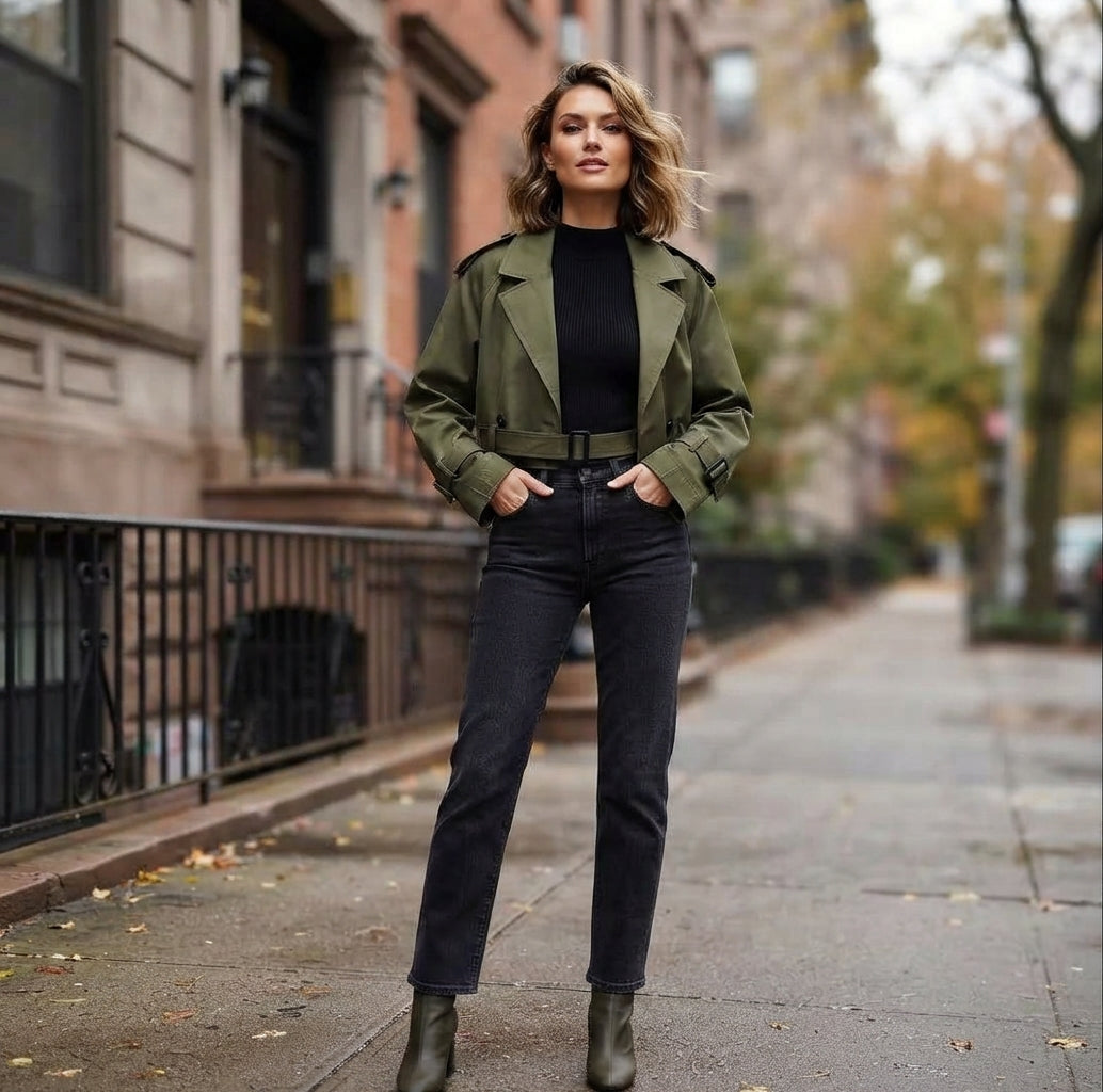 Chic Vintage | Womens Frayed Edge Cropped Trench Coat with Belted Design | Stylish Spring Outerwear for Effortless Fashion 4