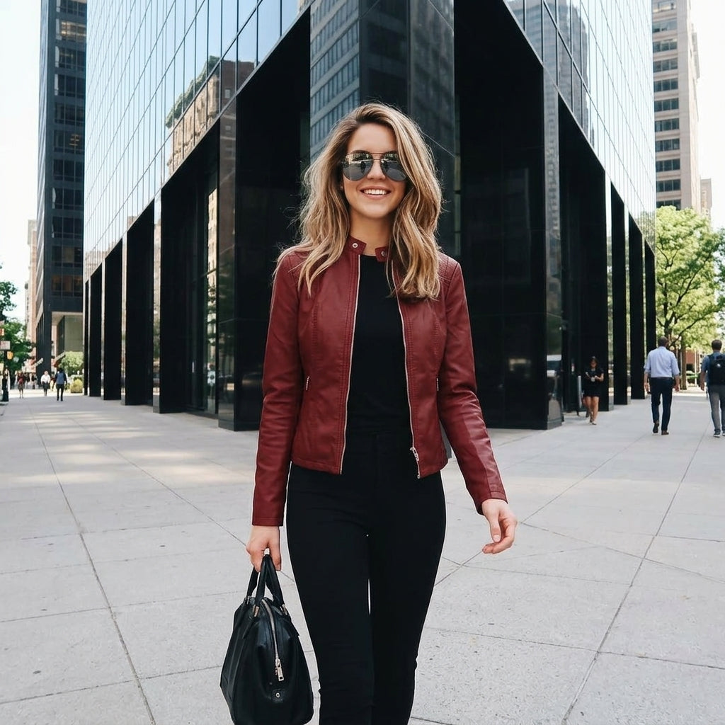 A woman wearing a burgundy leather moto jacket, black top, and black pants walks in front of a modern glass skyscraper, holding a black handbag.