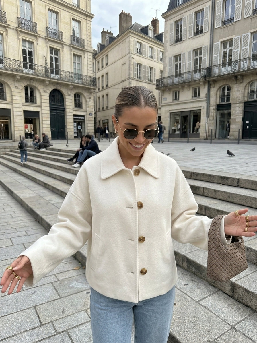 A woman wearing a cream-colored, oversized button-up jacket with brown buttons, light blue jeans, and sunglasses, standing in a European-style plaza with stone steps and historic buildings in the background.