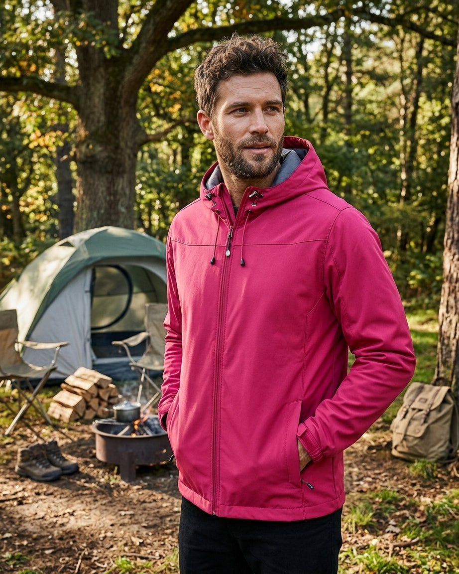 A man wearing a bright pink hooded jacket stands in a wooded outdoor campsite setting with a tent, fire pit, and backpack visible in the background.