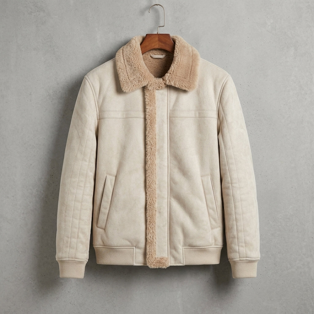 A light beige faux-suede jacket with a plush tan sherpa collar and trim, hanging on a wooden hanger against a textured gray wall.