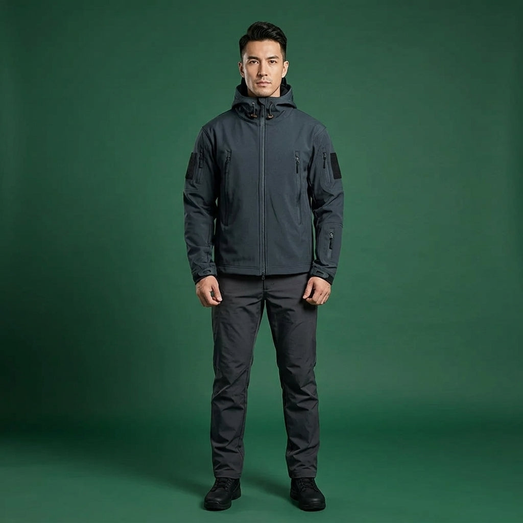 A man modeling a dark gray hooded jacket and matching dark gray pants against a solid green studio backdrop.