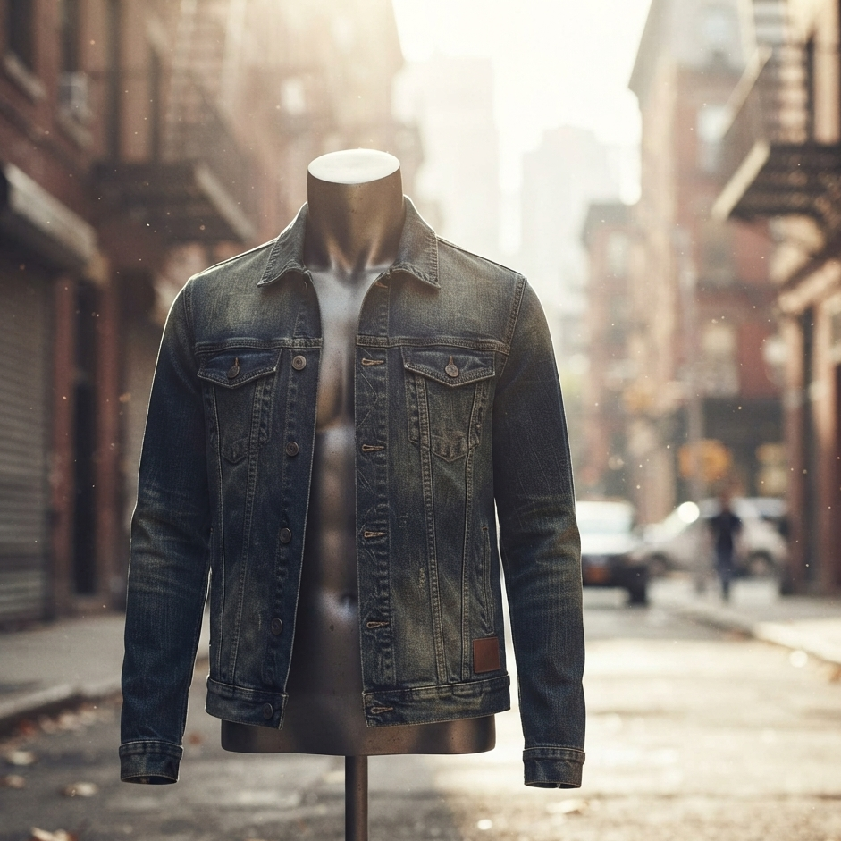 A dark blue denim jacket displayed on a mannequin torso, set against a blurred city street background with warm sunlight filtering through.