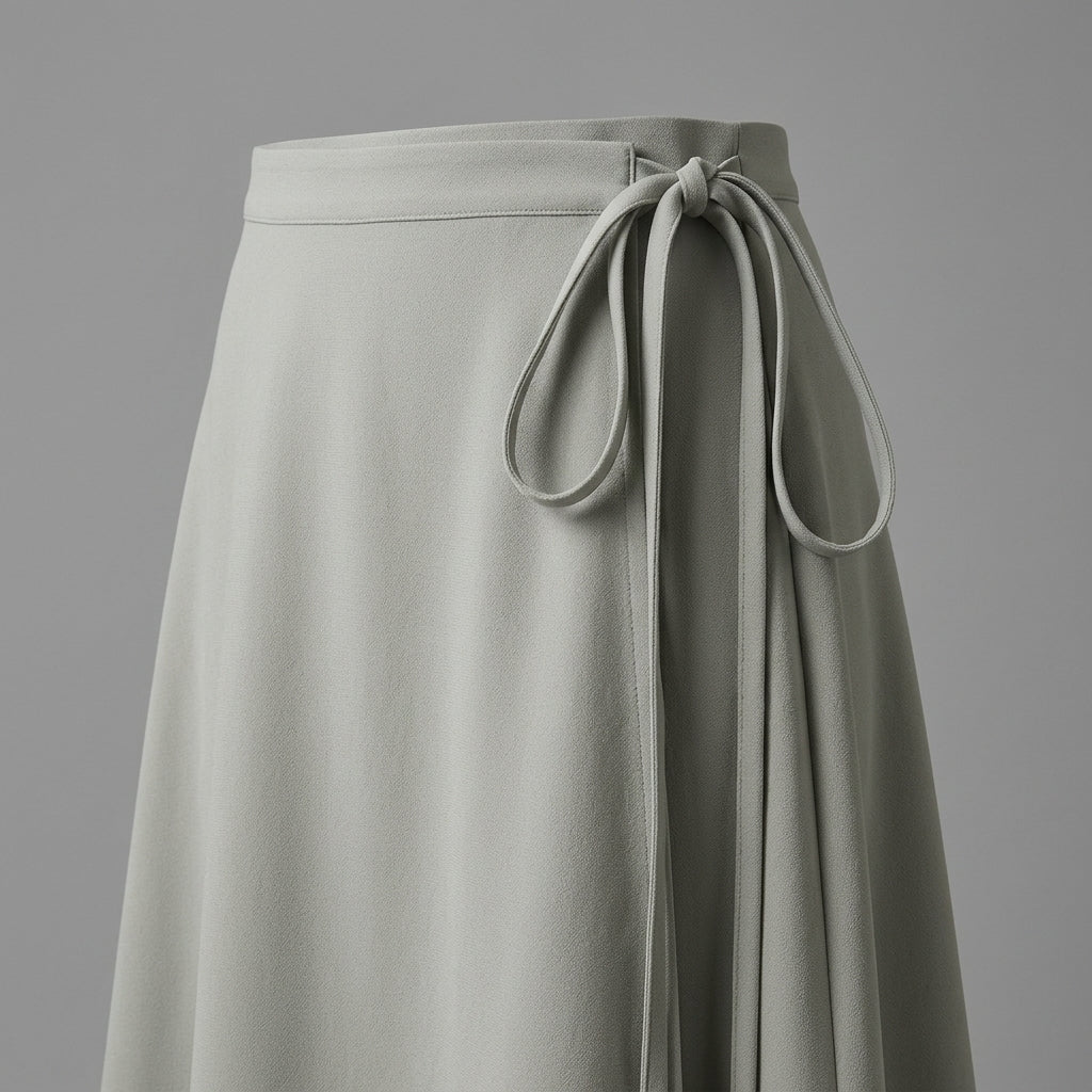 A close-up of a light sage green skirt with a matching fabric tie belt at the waist, shown against a solid gray studio background.