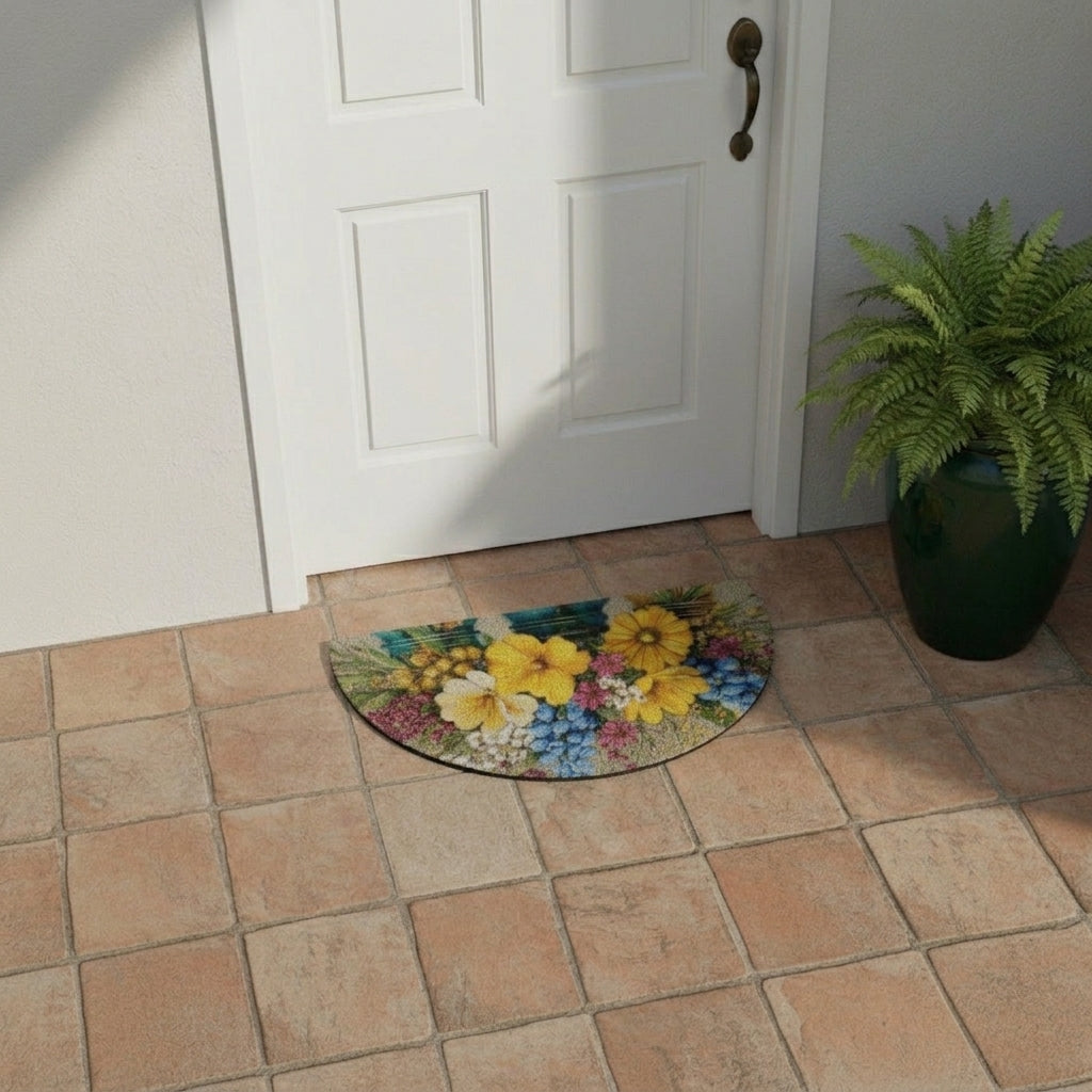 Floral doormat on a tiled floor in front of a white door with a plant to the side.