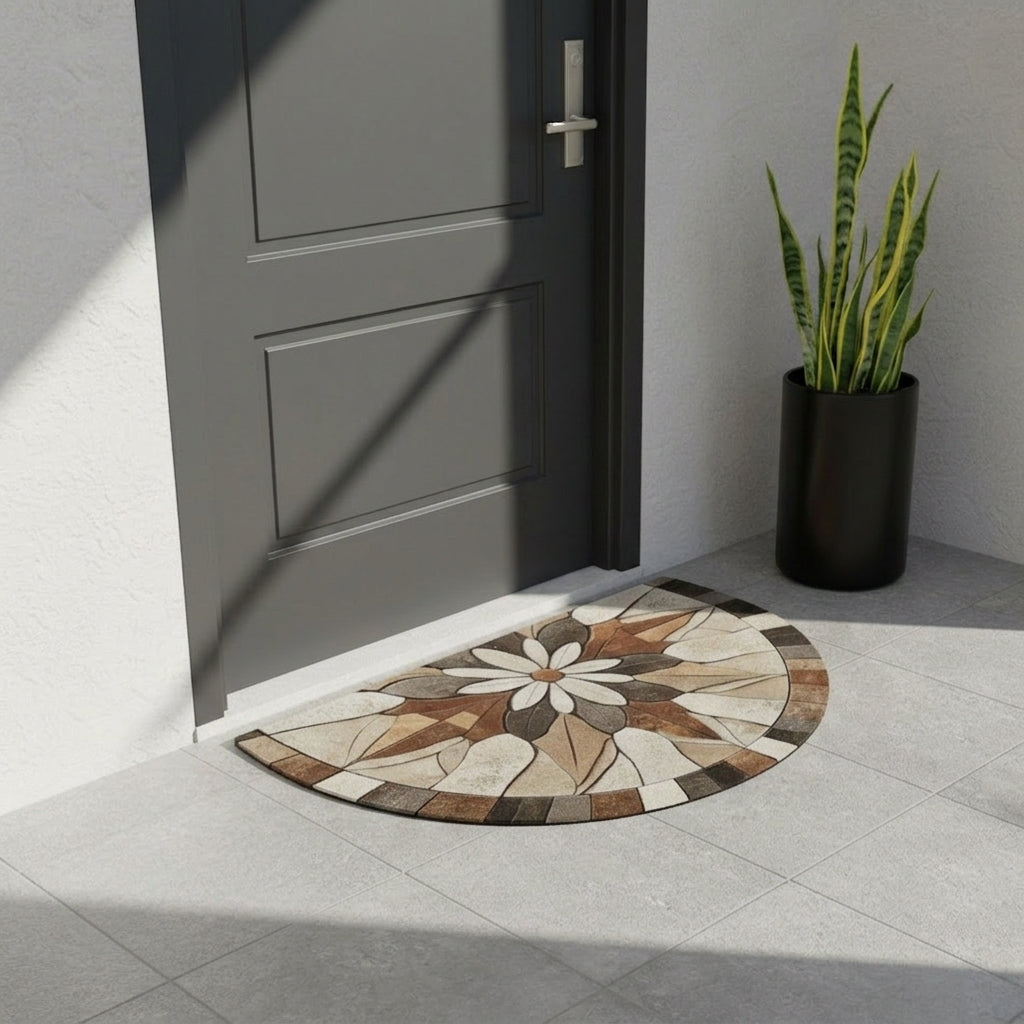 Decorative half-circle mat in front of a gray door with a plant nearby.