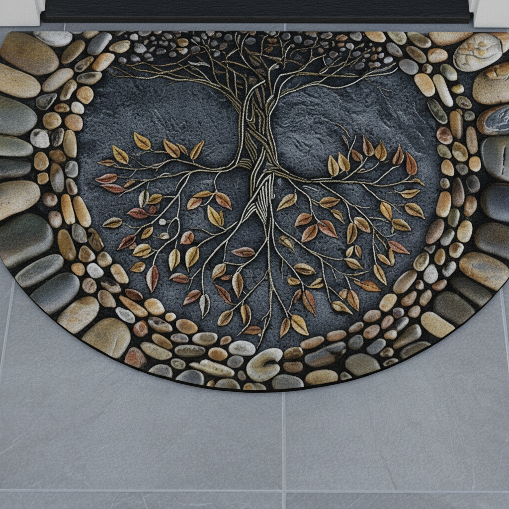 Decorative rug with a tree design made of stones on a gray floor.