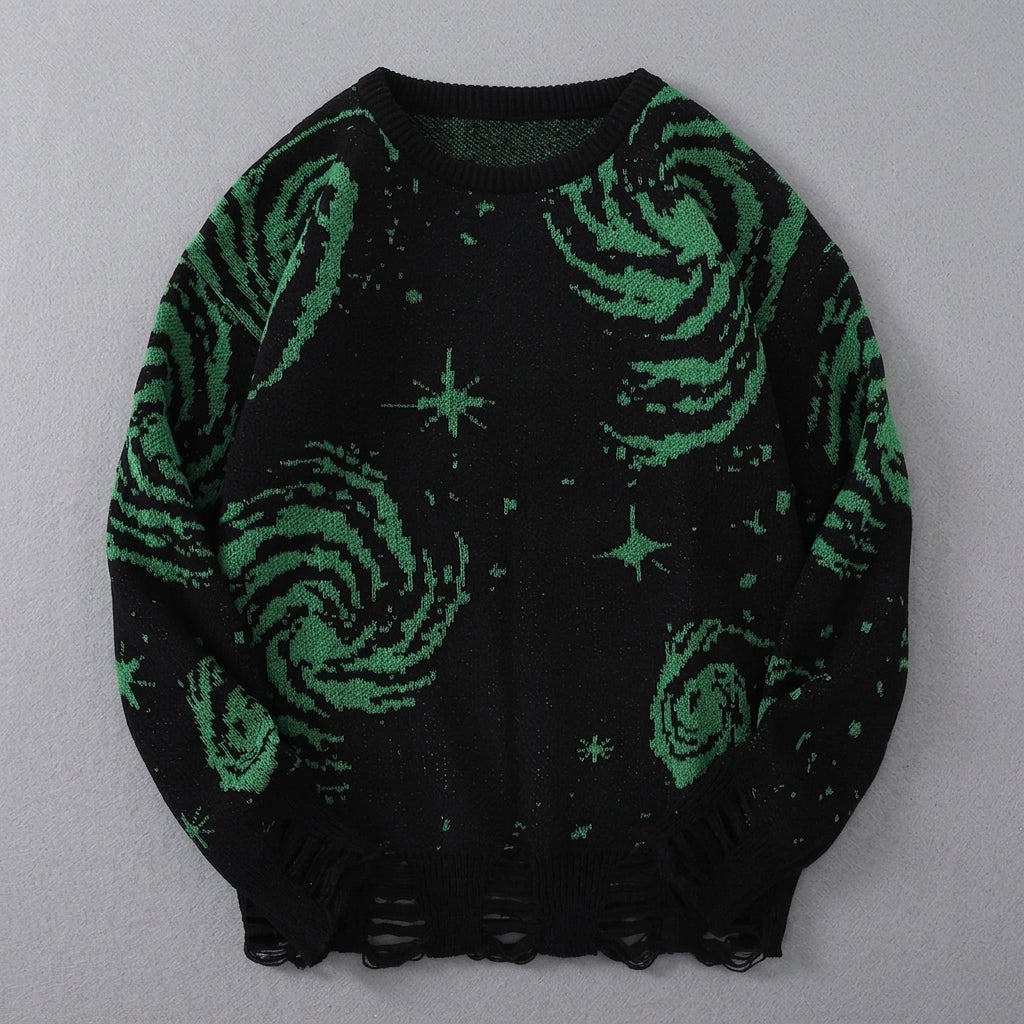 Black sweater with green abstract patterns on a gray background