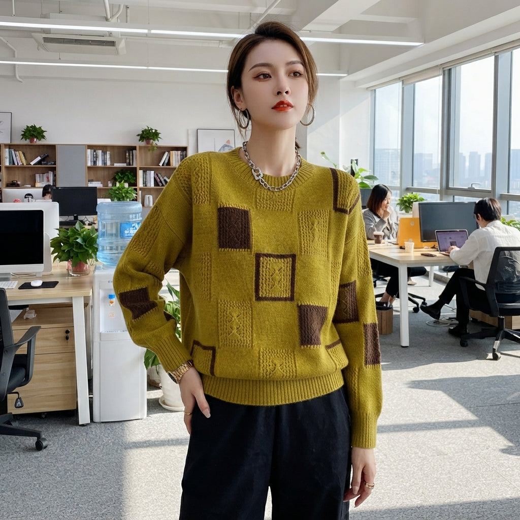 Chic Collection | Women's Sweater with Classic Print & Round Neck | Lightweight Cotton Blend for Comfort and Versatility