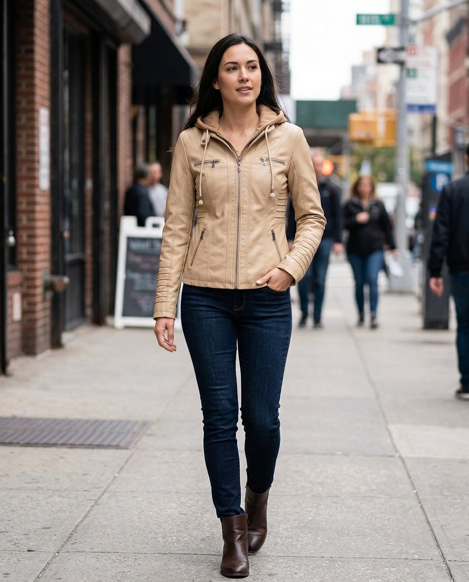Elegant Women's Leather Jacket with Removable Hood | Waterproof & Windproof Design for All Seasons