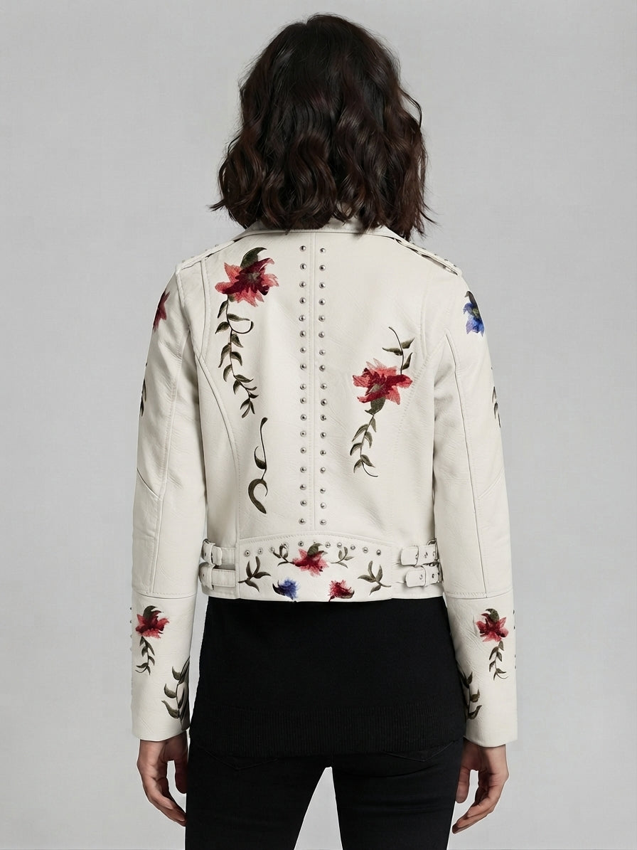 Embroidered Rivet Detail Leather Jacket 5