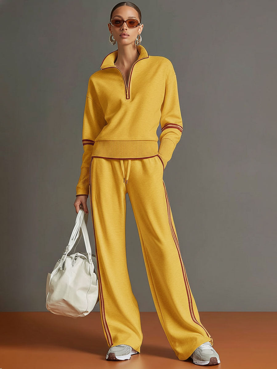 Retro Sporty Set | Half-Zip Sweater & Wide-Leg Pants for Comfort