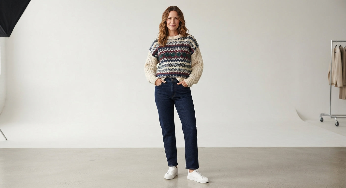 A woman wearing a cream-colored knit sweater with black geometric square patterns, standing in a bright, modern art gallery or studio setting.