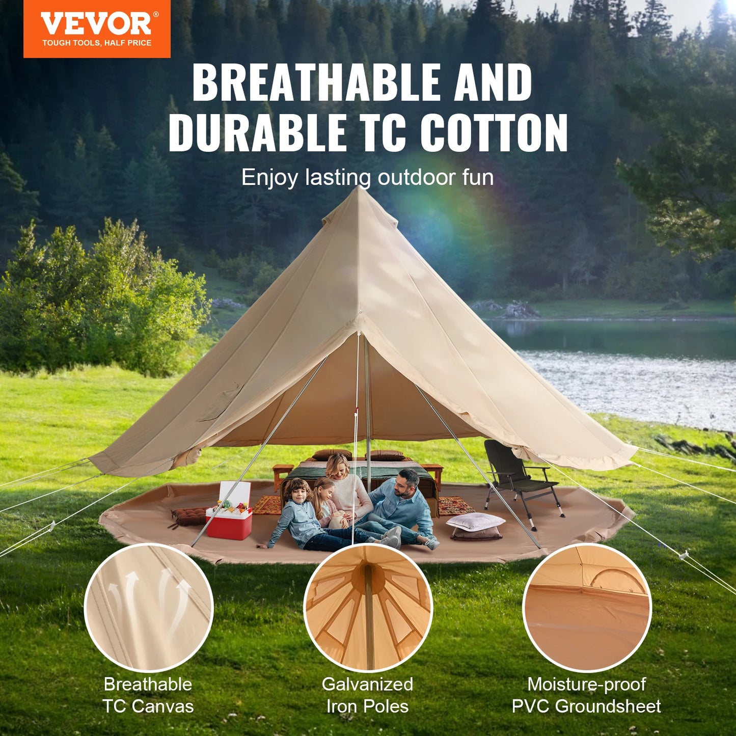 Canvas Bell Tent for Camping with Waterproof Groundsheet | Spacious Shelter for All-Season Outdoor Adventures