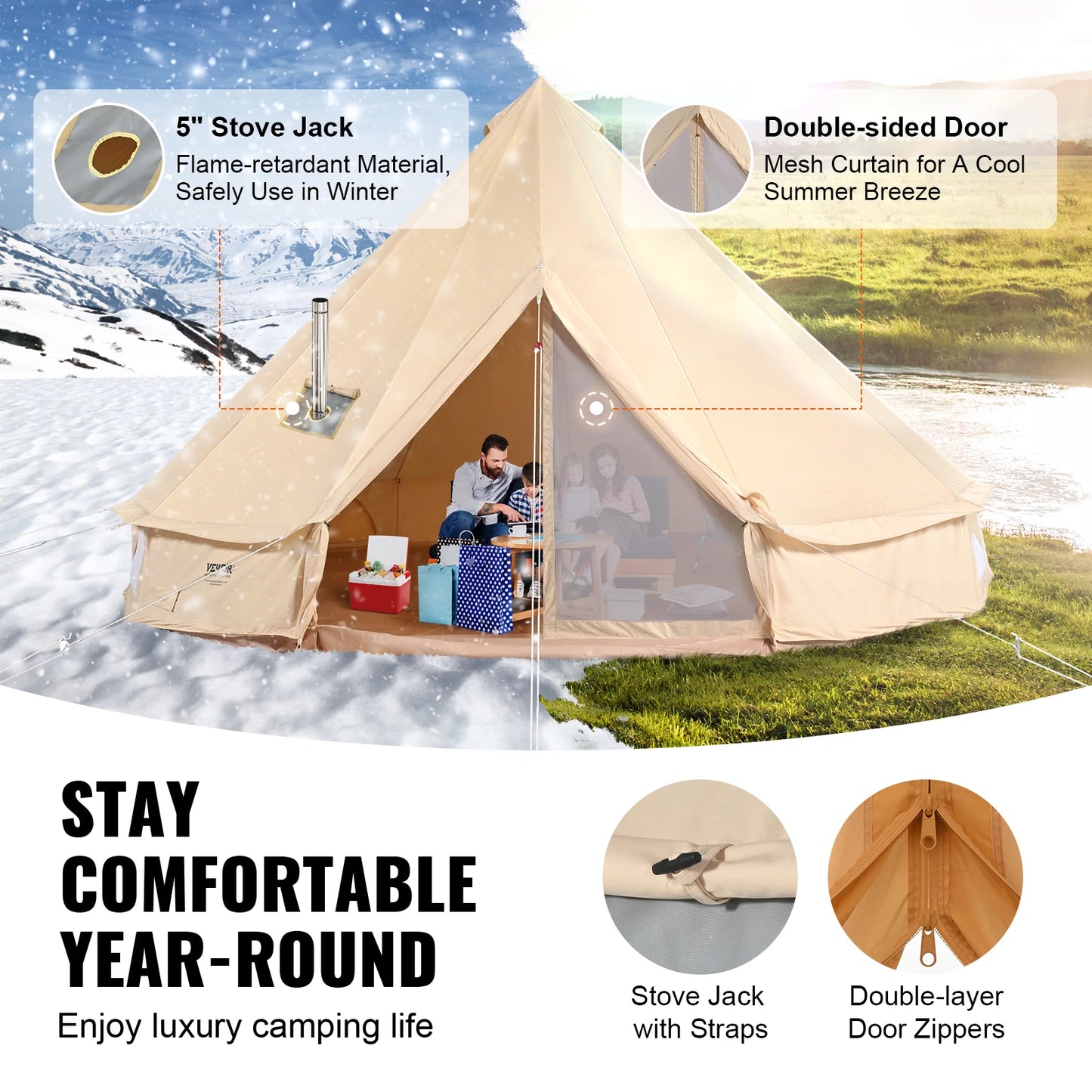 Canvas Bell Tent for Camping with Waterproof Groundsheet | Spacious Shelter for All-Season Outdoor Adventures