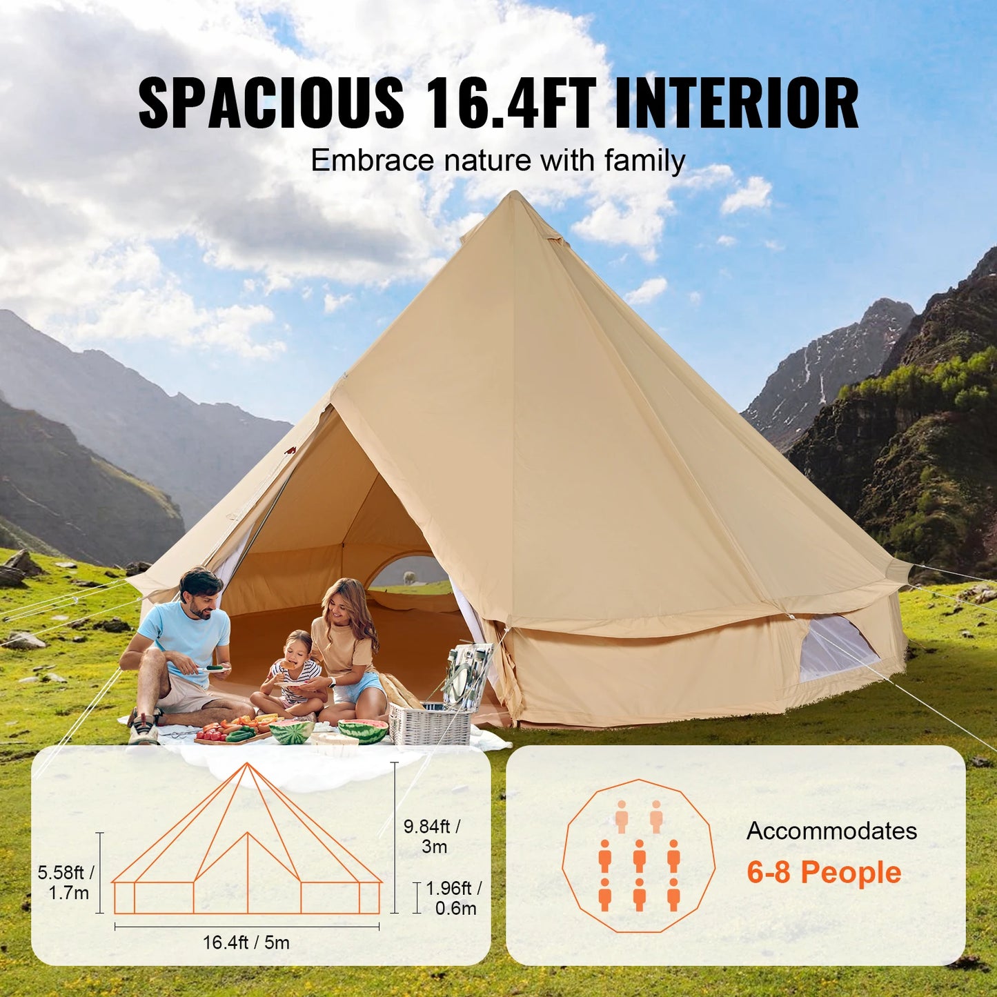 Canvas Bell Tent for Camping with Waterproof Groundsheet | Spacious Shelter for All-Season Outdoor Adventures