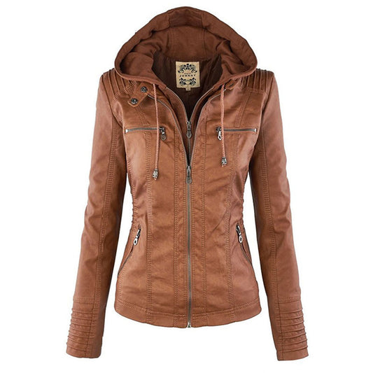 Elegant Women's Leather Jacket with Removable Hood | Waterproof & Windproof Design for All Seasons