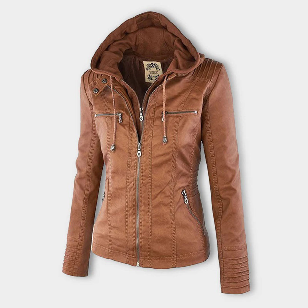 Elegant Women's Leather Jacket with Removable Hood | Waterproof & Windproof Design for All Seasons