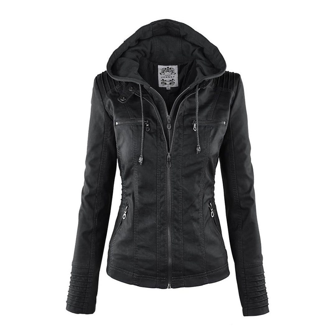Elegant Women's Leather Jacket with Removable Hood | Waterproof & Windproof Design for All Seasons