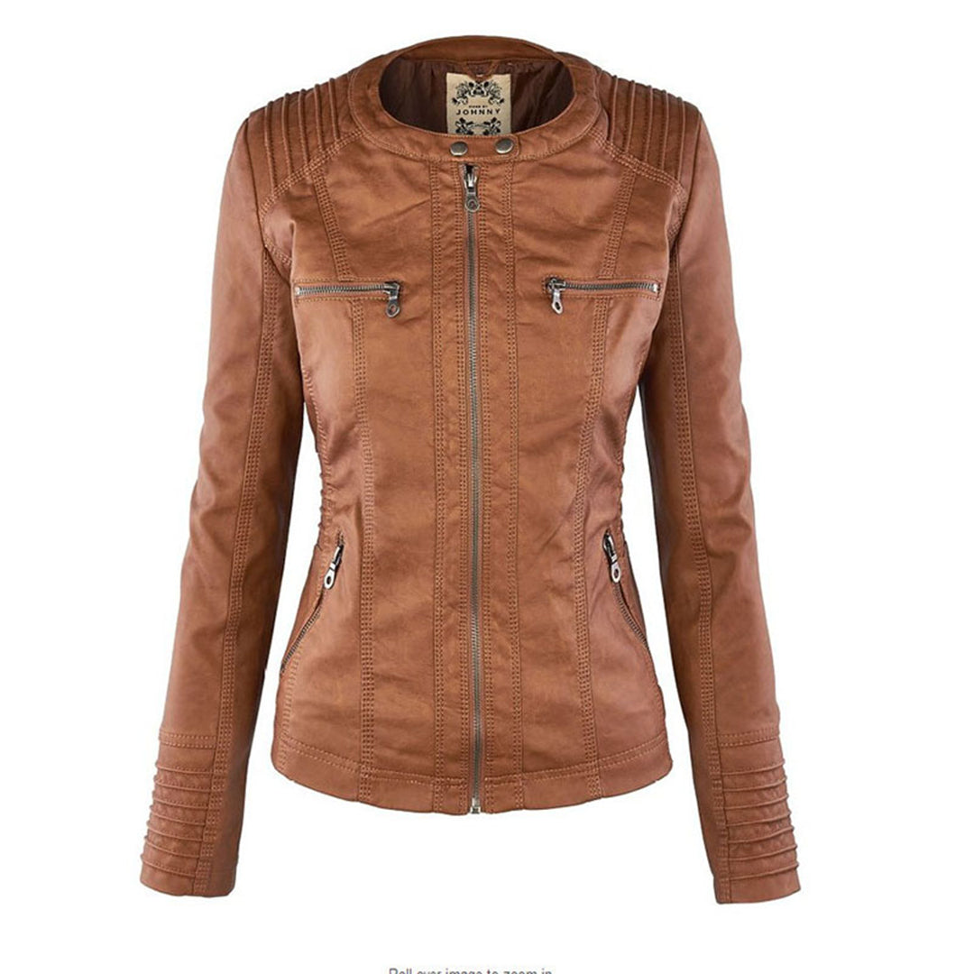Elegant Women's Leather Jacket with Removable Hood | Waterproof & Windproof Design for All Seasons