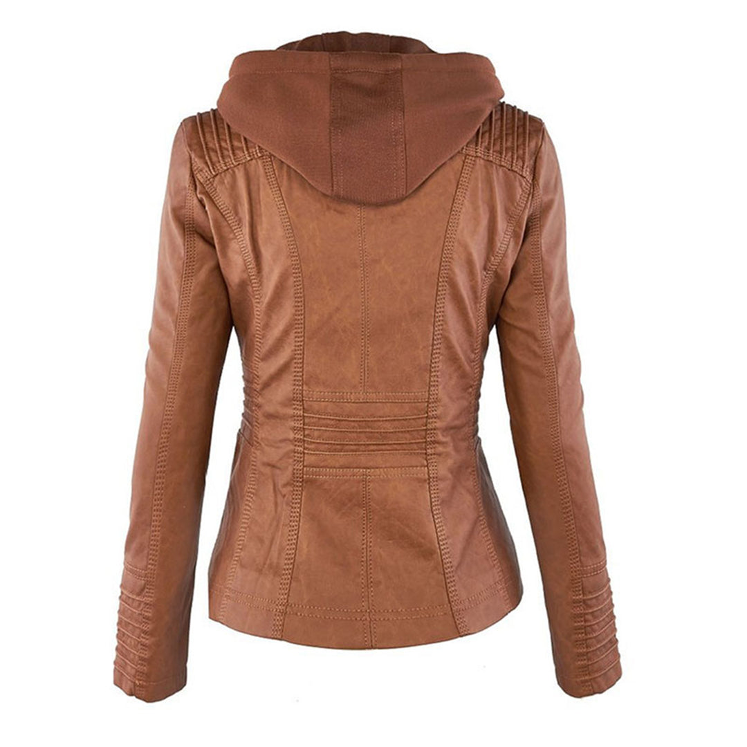 Elegant Women's Leather Jacket with Removable Hood | Waterproof & Windproof Design for All Seasons