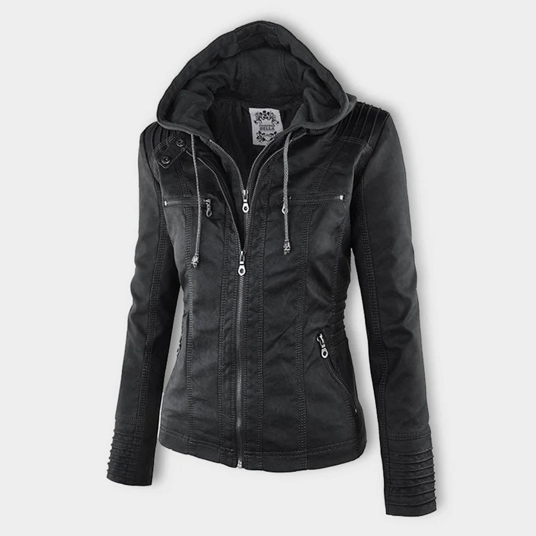 Elegant Women's Leather Jacket with Removable Hood | Waterproof & Windproof Design for All Seasons