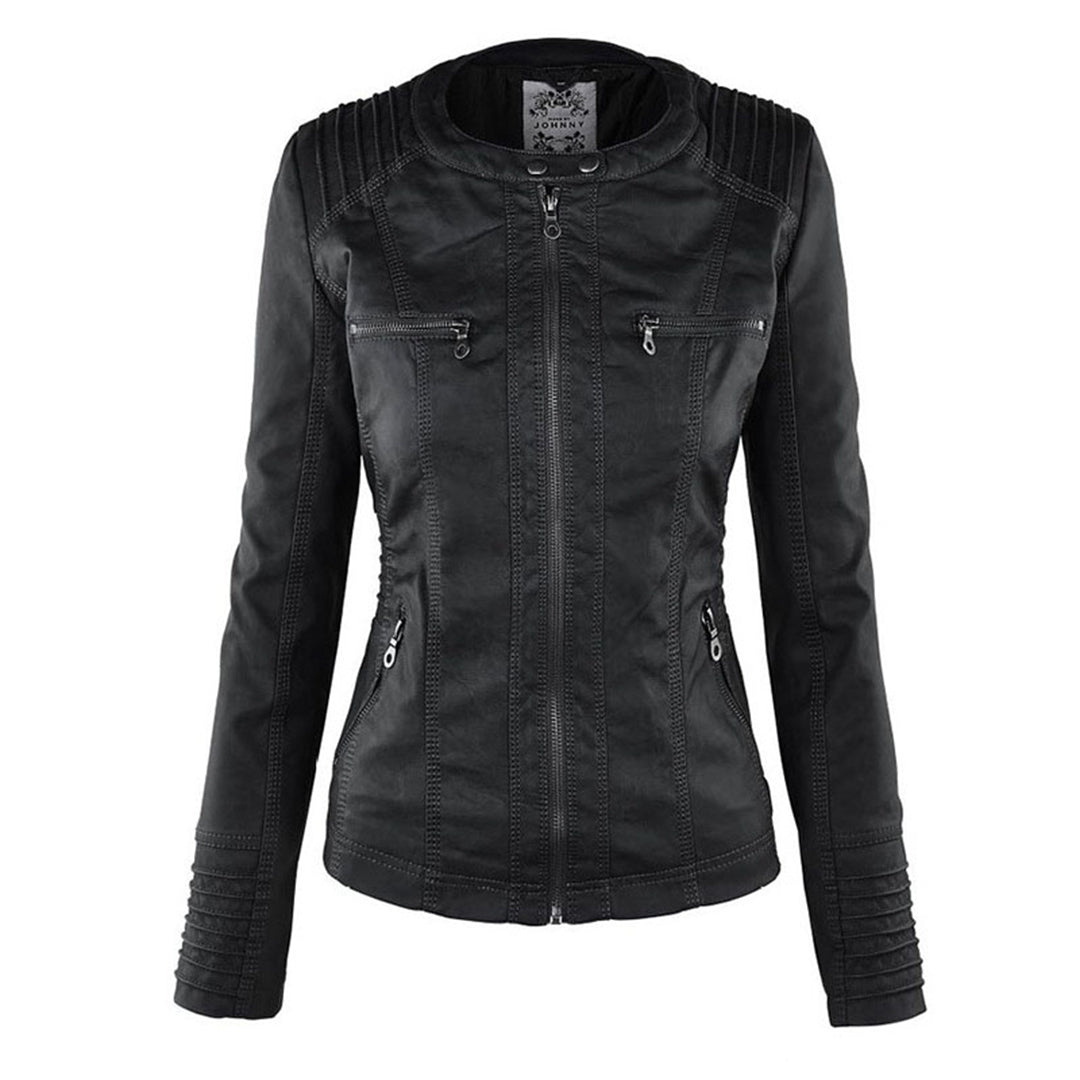 Elegant Women's Leather Jacket with Removable Hood | Waterproof & Windproof Design for All Seasons