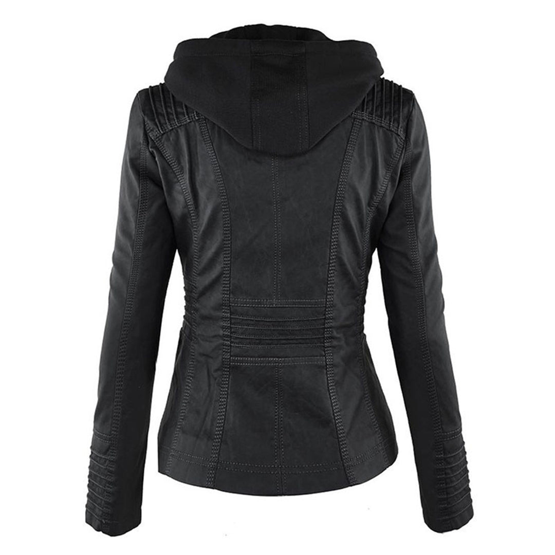 Elegant Women's Leather Jacket with Removable Hood | Waterproof & Windproof Design for All Seasons
