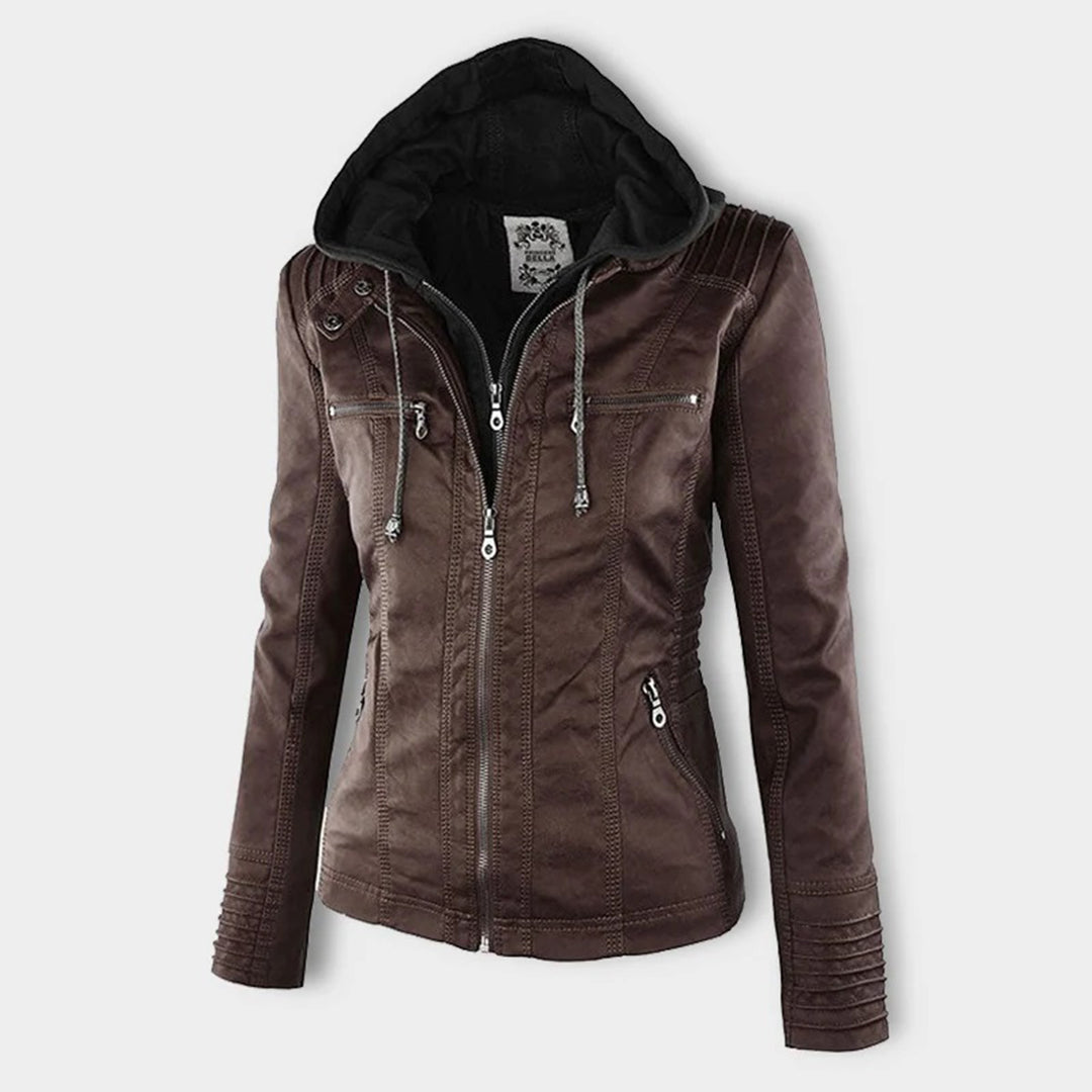 Elegant Women's Leather Jacket with Removable Hood | Waterproof & Windproof Design for All Seasons