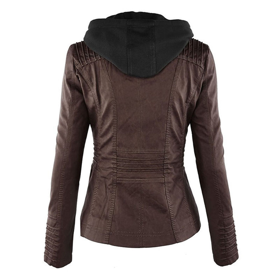 Elegant Women's Leather Jacket with Removable Hood | Waterproof & Windproof Design for All Seasons