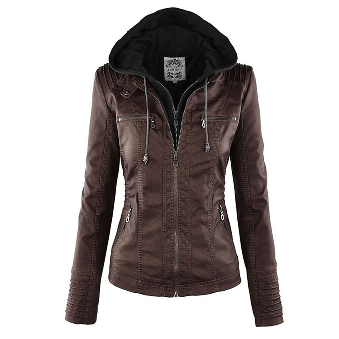 Elegant Women's Leather Jacket with Removable Hood | Waterproof & Windproof Design for All Seasons