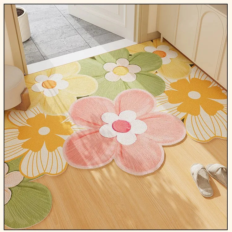 Floral Entryway Rug | Washable Indoor Mat with Wavy Edges for Stylish Home Decor