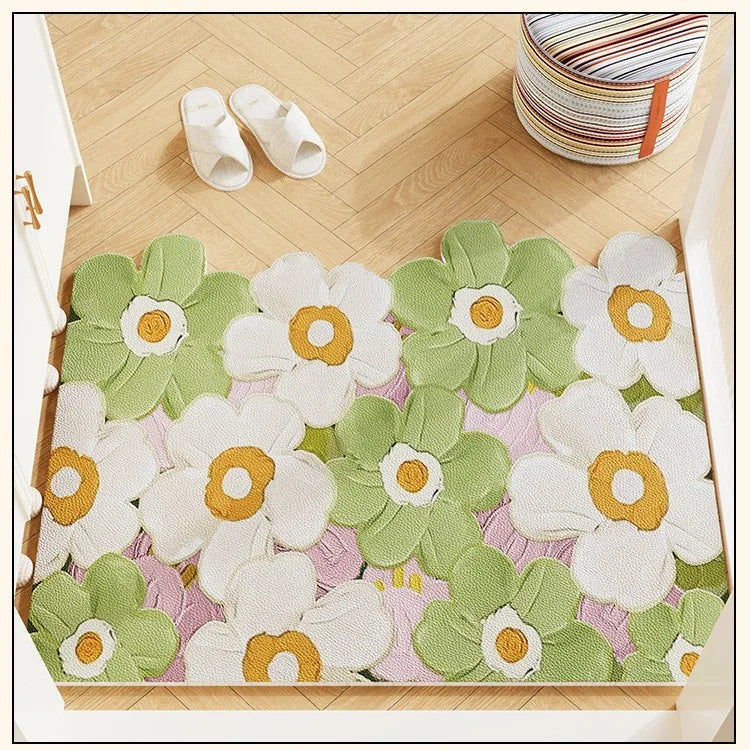 Floral Entryway Rug | Washable Indoor Mat with Wavy Edges for Stylish Home Decor