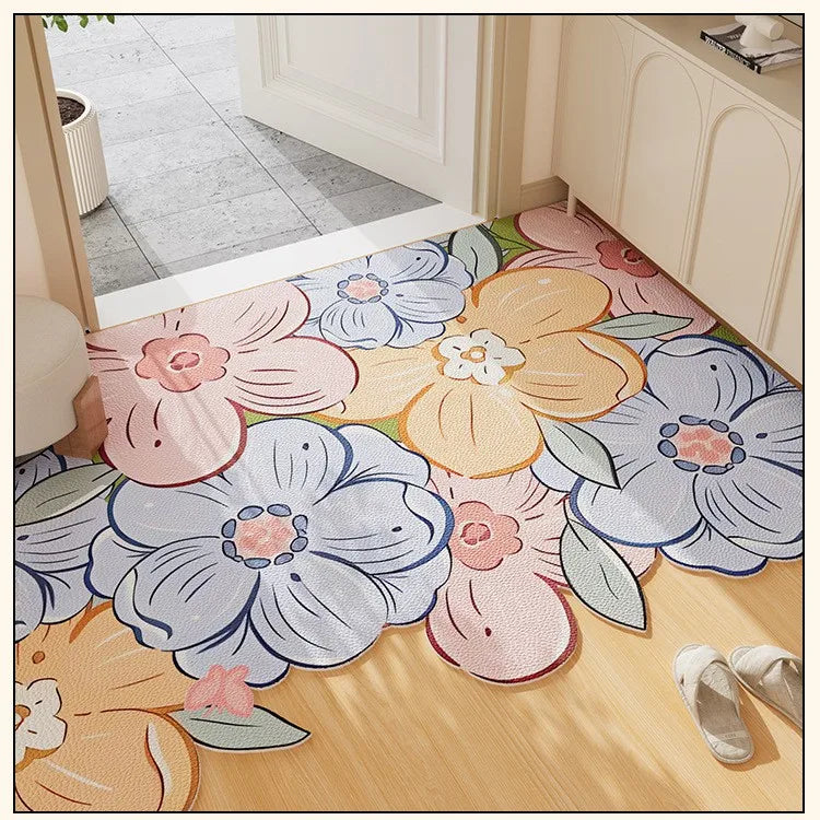 Floral Entryway Rug | Washable Indoor Mat with Wavy Edges for Stylish Home Decor