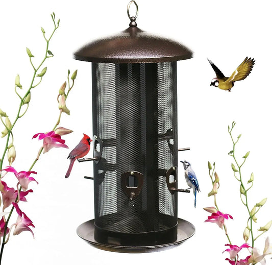 Garden Haven | Heavy-Duty Metal Hopper Bird Feeder with Dual Seed Compartments | 10 Feeding Ports for Year-Round Birdwatching