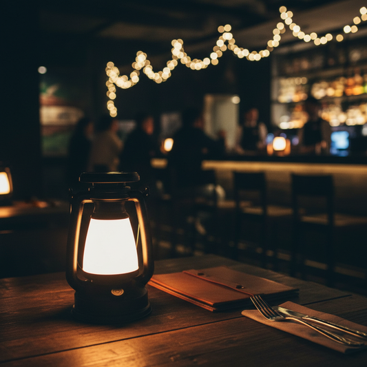 Lantern on a table with blurred bar background